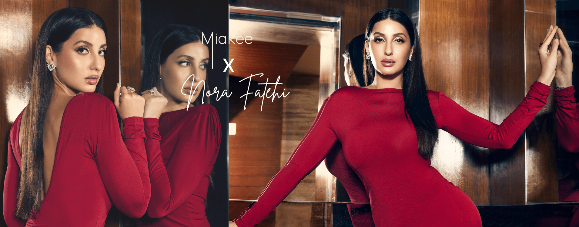 Miakee fashion banner featuring Nora Fatehi, showcasing stylish apparel pieces with the brand logo lightly visible